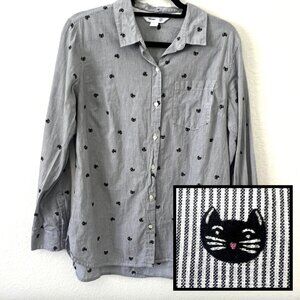 Old Navy Sz L Button Up Shirt Cat Novelty Print White Black The Classic Cotton